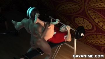 Anime features black male fucking white male in a gym